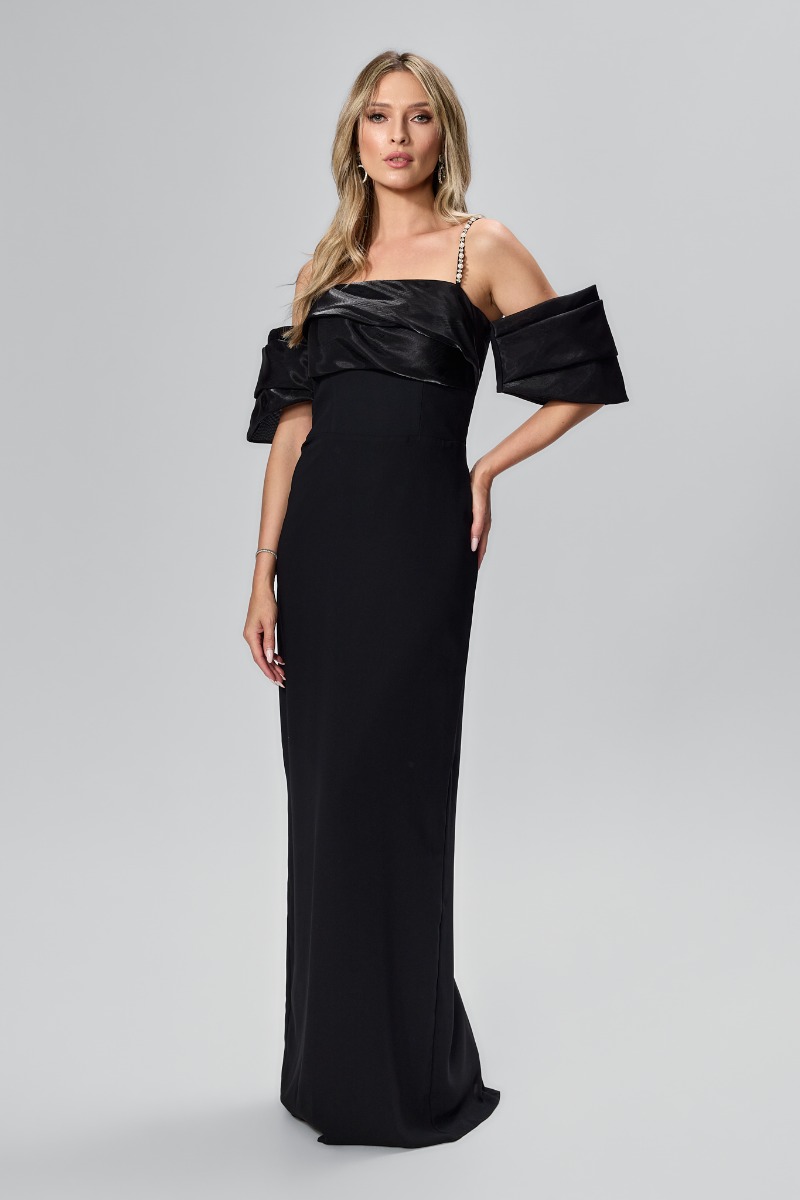 Rochie de ocazie premium cu volan din organza si bretele cu perlute Viale Neagra