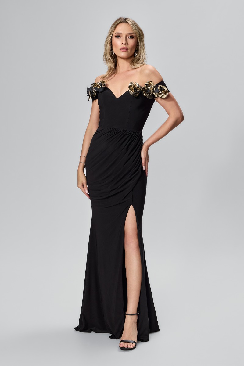 Rochie de ocazie premium din licra cu flori 3D aurii Meyland Neagra