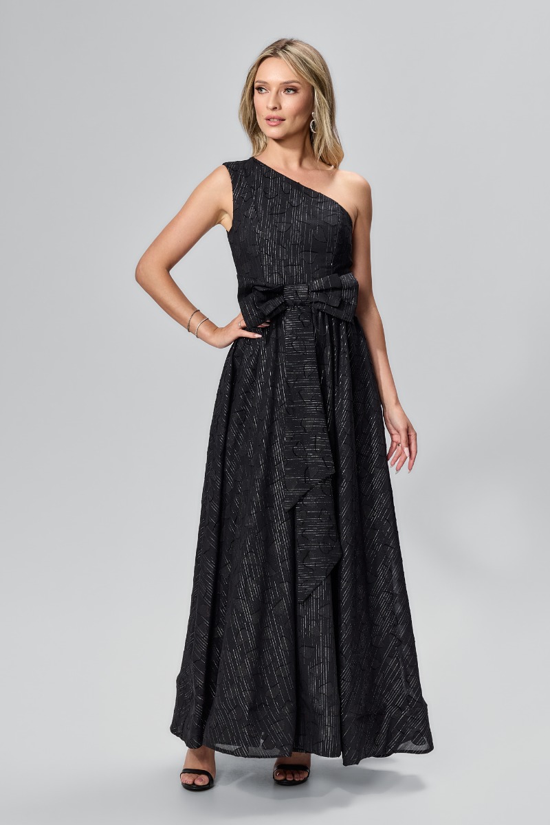 Rochie de ocazie premium cu model one shoulder si insertii din fir argintiu Verena Neagra