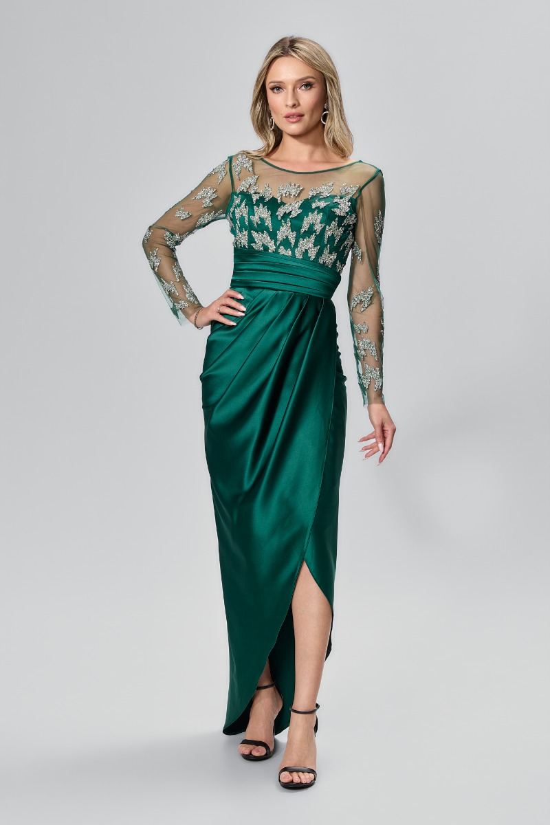 Rochie de ocazie premium din satin cu tull si strass-uri Kaledonia Verde