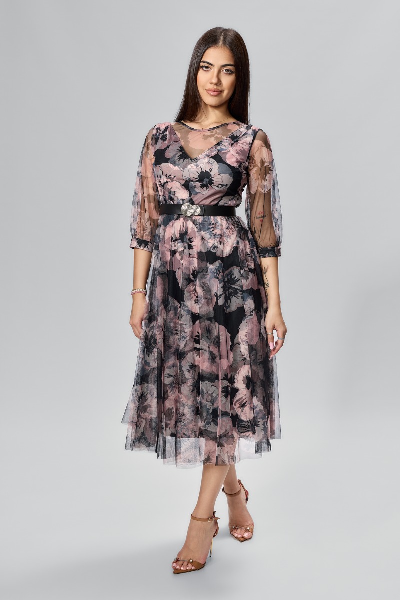 Rochie de ocazie din tull cu imprimeu Peonia Negru Floral