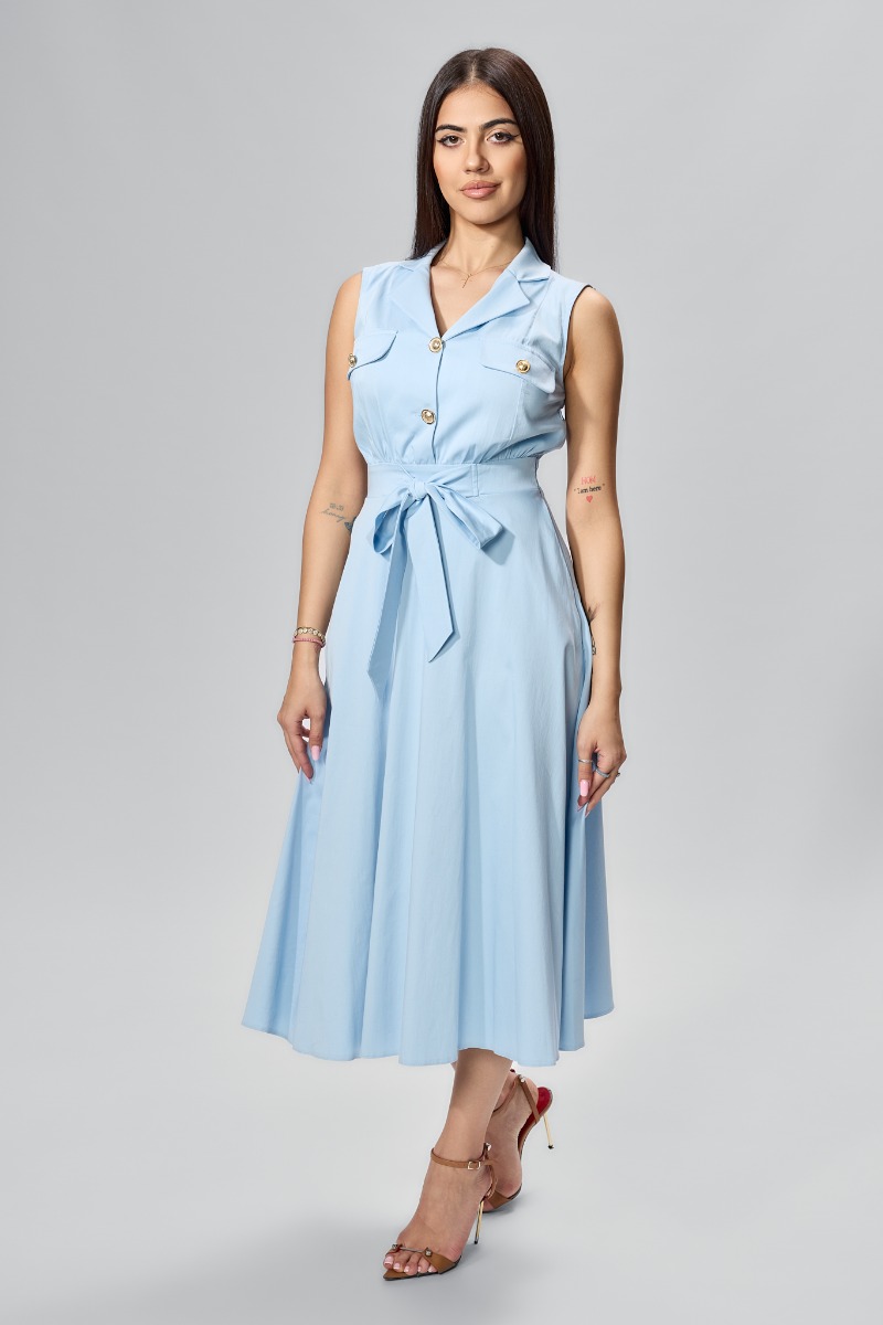 Rochie casual cu butoni aurii si funda in talie Trixie Bleu