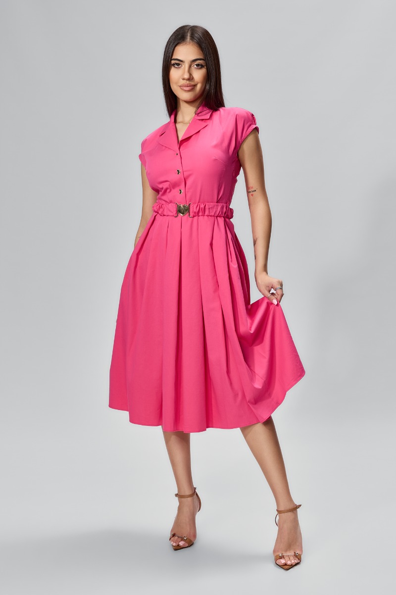 Rochie casual cu butoni aurii in forma de inima si cordon in talie Lorisha Ciclam