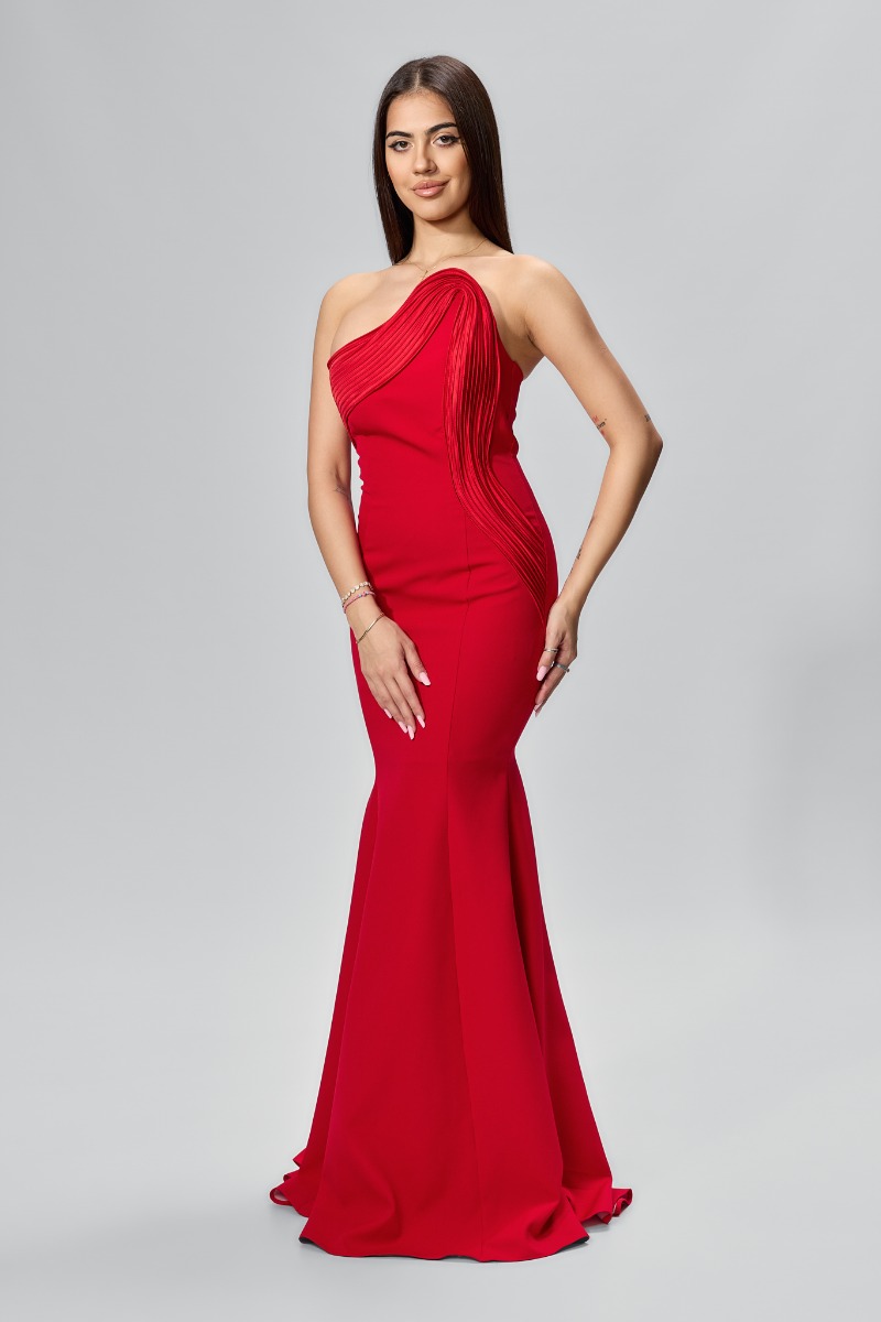 Rochie de ocazie premium tip sirena cu umerii goi Versay Rosie
