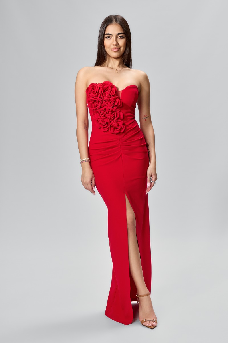 Rochie de ocazie premium cu flori 3D si crepeu Maranda Rosie