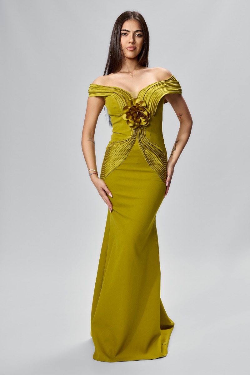 Rochie de ocazie premium tip sirena cu detalii 3D Cendria Fistic