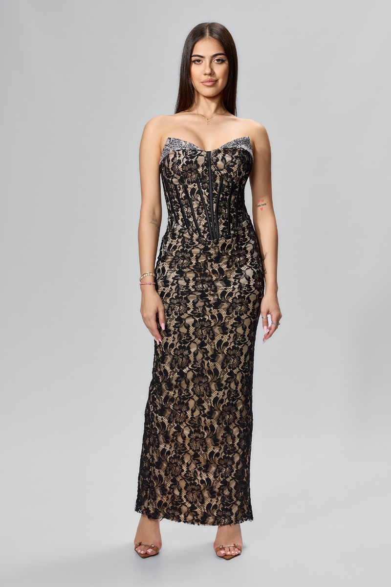 Rochie de ocazie premium din dantela cu strass-uri Fenya Neagra