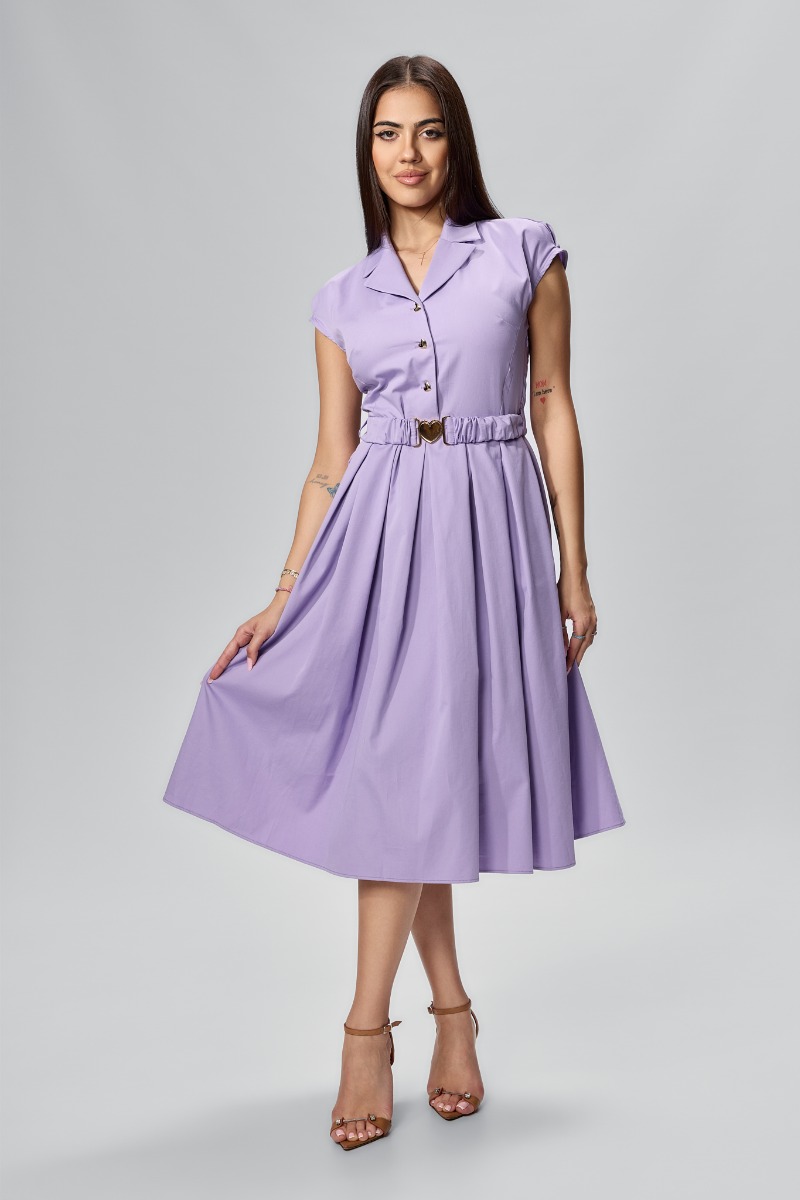 Rochie casual cu butoni aurii in forma de inima si cordon in talie Lorisha Lila