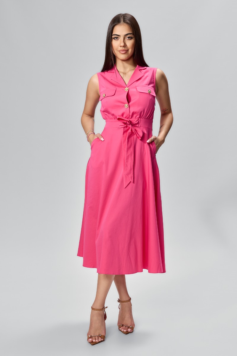 Rochie casual cu butoni aurii si funda in talie Trixie Ciclam