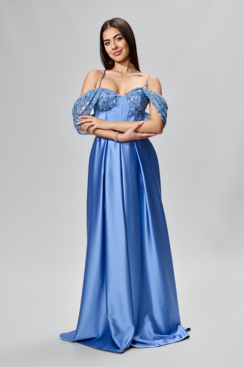Rochie de ocazie premium din satin si tull cu glitter Fortuna Bleu